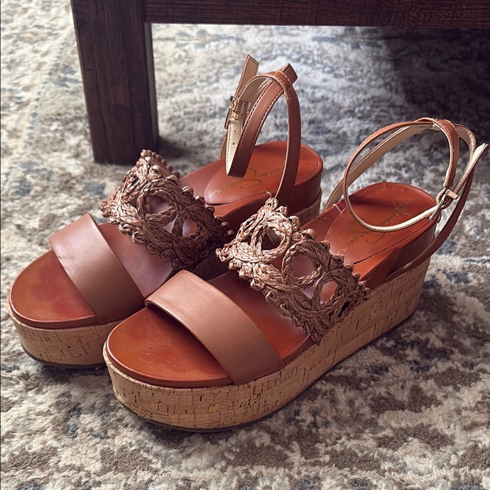 Jessica Simpson Brown Wedge Sandals with Cork Platform